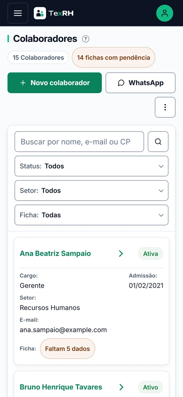 Lista de colaboradores do TexRH no celular, com busca, filtros e as fichas com pendência