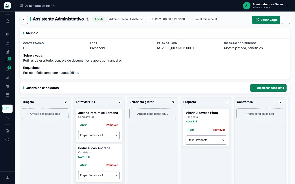 Quadro de candidatos de uma vaga no TexRH, com as etapas triagem, entrevista com o RH, entrevista com o gestor, proposta e contratado